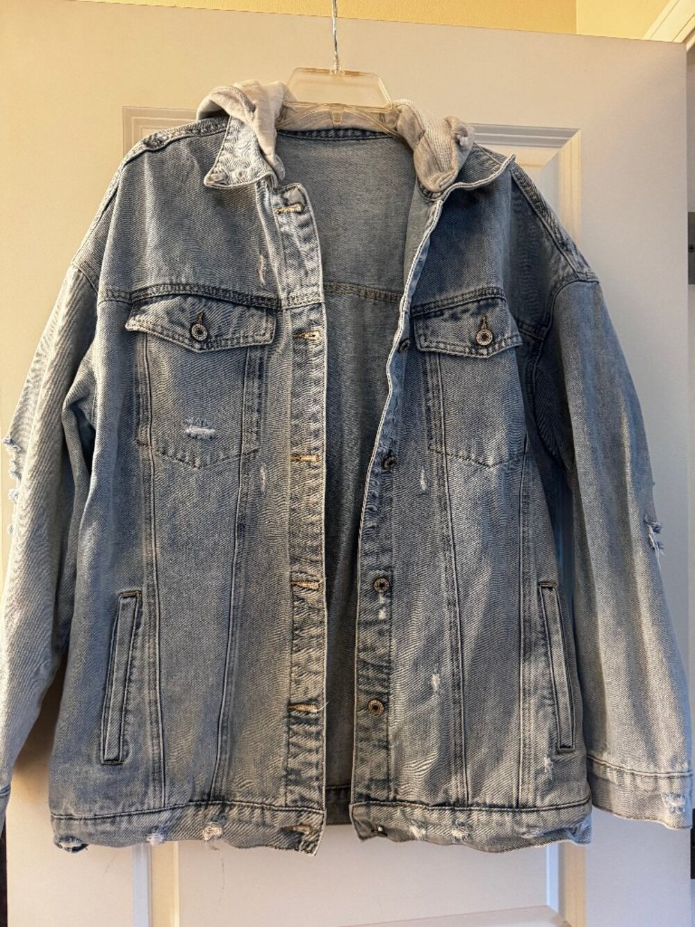 Women's Distressed Denim Jacket with Hood Size Large